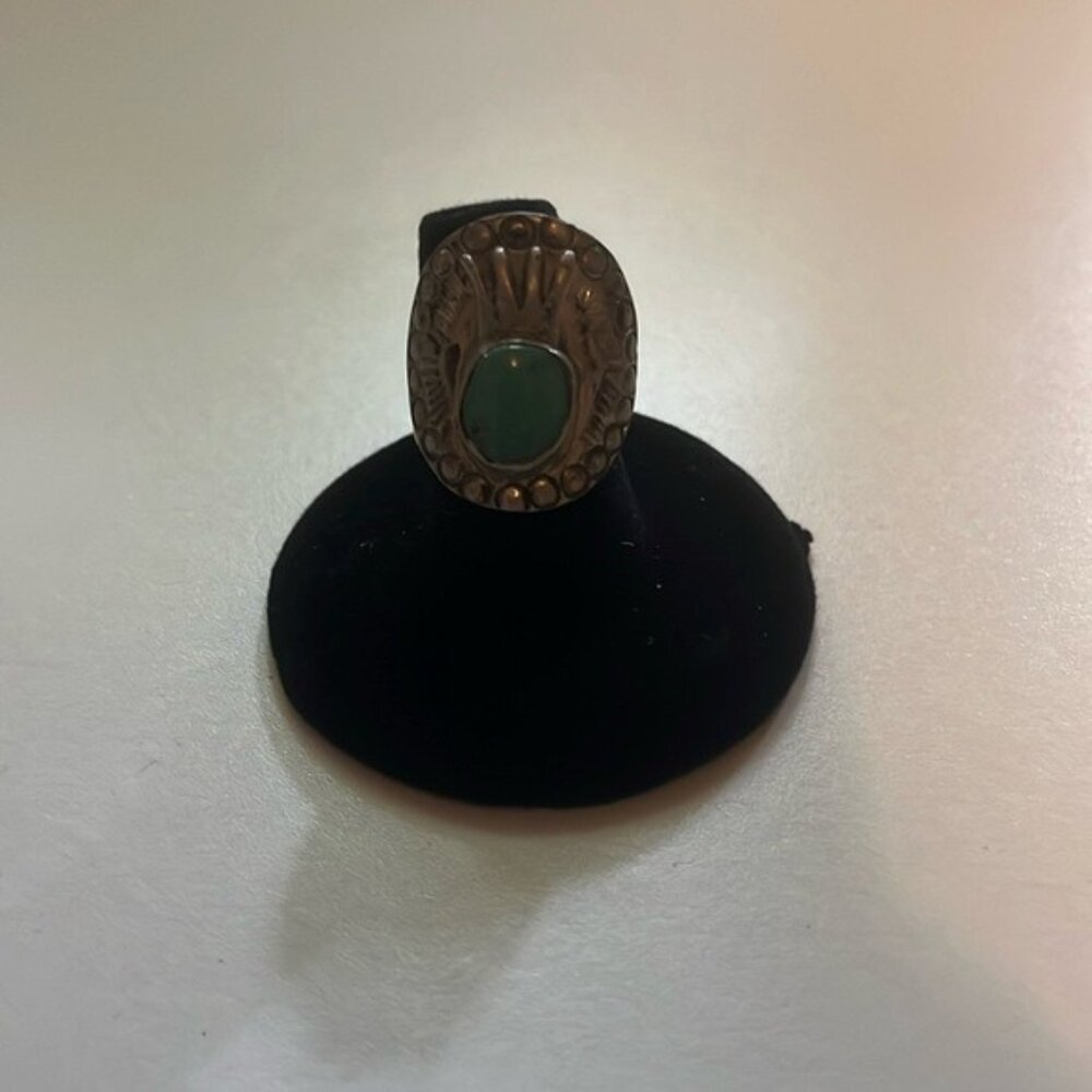 💍✨ Vintage Costume Silver Ring with Turquoise Stone & Sunburst Design ✨💍